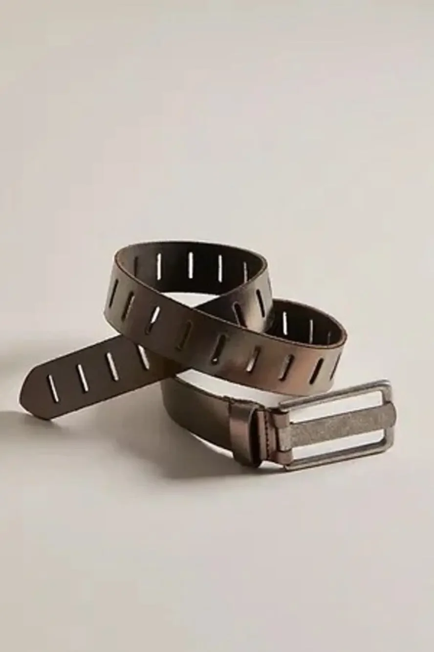 We The Free Jona Belt Size M/L Metallic Brown Leather Statement Buckle